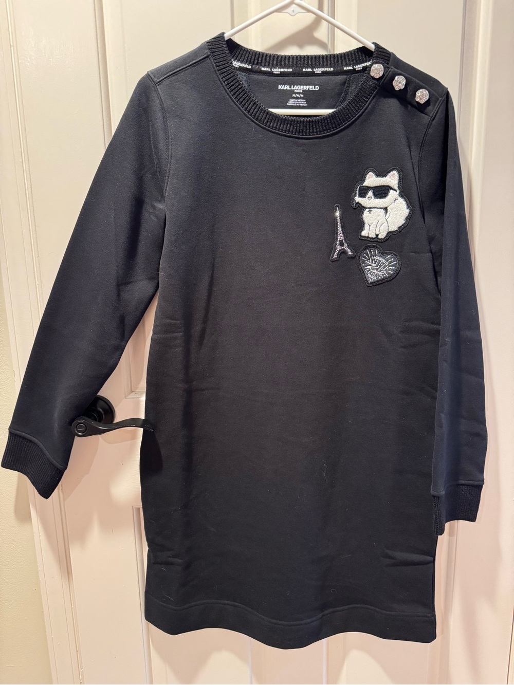 NWT Karl Lagerfeld Black Embroidered Sweatshirt Dress Sz Medium - Picture 2 of 9